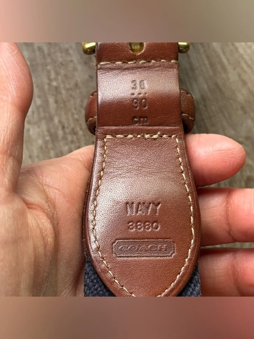 Coach Vintage brown navy blue Twill & Brown Leather Belt 36